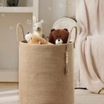 Handgefertigter gewebter Wäschekorb aus gelbem Jutesack mit Griff, Wäscheaufbewahrungskorb für Kleidung, Spielzeug, Kosmetik, faltbarer, tiefer Wäschekorb, Aufbewahrungskorb für Badezimmer und Schlafzimmer, 30x30cm