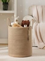 Handgefertigter gewebter Wäschekorb aus gelbem Jutesack mit Griff, Wäscheaufbewahrungskorb für Kleidung, Spielzeug, Kosmetik, faltbarer, tiefer Wäschekorb, Aufbewahrungskorb für Badezimmer und Schlafzimmer, 30x30cm