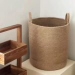 Handgefertigter gewebter Wäschekorb aus gelbem Jutesack mit Griff, Wäscheaufbewahrungskorb für Kleidung, Spielzeug, Kosmetik, faltbarer, tiefer Wäschekorb, Aufbewahrungskorb für Badezimmer und Schlafzimmer, 30x30cm - 图片 5