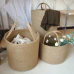 Handgefertigter gewebter Wäschekorb aus gelbem Jutesack mit Griff, Wäscheaufbewahrungskorb für Kleidung, Spielzeug, Kosmetik, faltbarer, tiefer Wäschekorb, Aufbewahrungskorb für Badezimmer und Schlafzimmer, 30x30cm - 图片 7